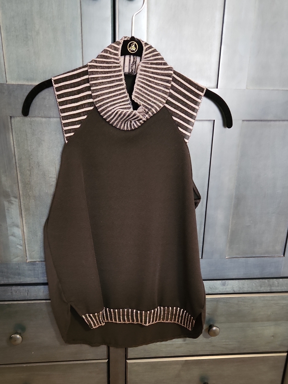 Zara Black Sleeveless Mock Neck Blouse with Striped Trim